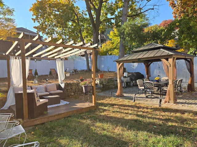 view of yard featuring a gazebo, an outdoor hangout area, a patio, a pergola, and a deck