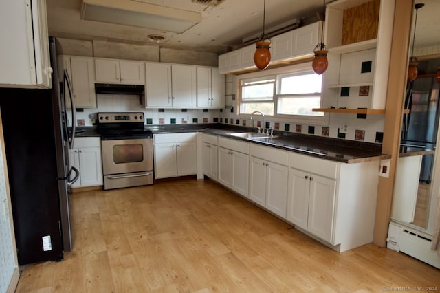 kitchen with baseboard heating, stainless steel electric range, decorative light fixtures, white cabinetry, and light hardwood / wood-style floors