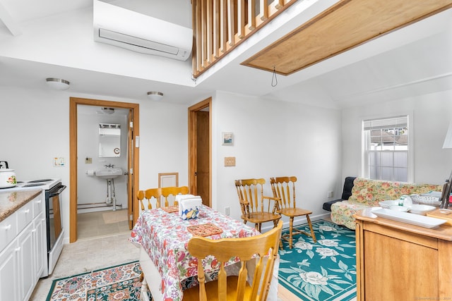 53 Breen Ave, Old Lyme, CT 06371 - dining room featuring a wall unit AC, attic access, and vaulted ceiling