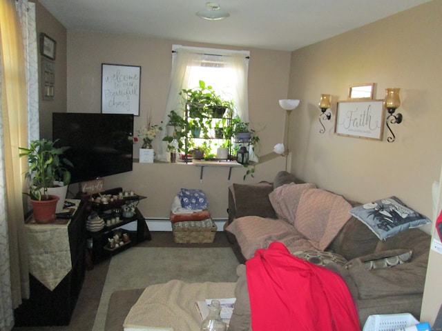 living room with carpet flooring and a baseboard heating unit