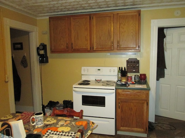 kitchen featuring crown molding and white range with electric cooktop