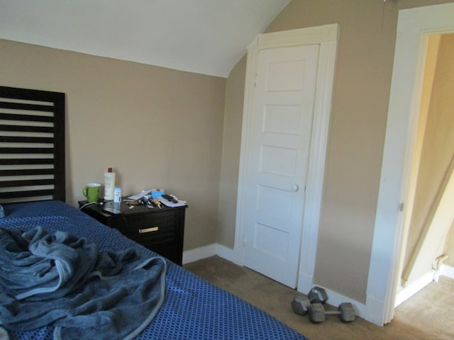 bedroom featuring carpet and vaulted ceiling