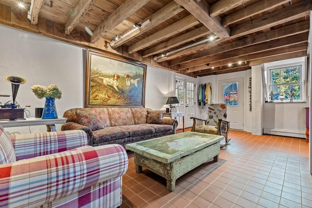 living area featuring a baseboard heating unit, wooden ceiling, beam ceiling, and tile patterned floors