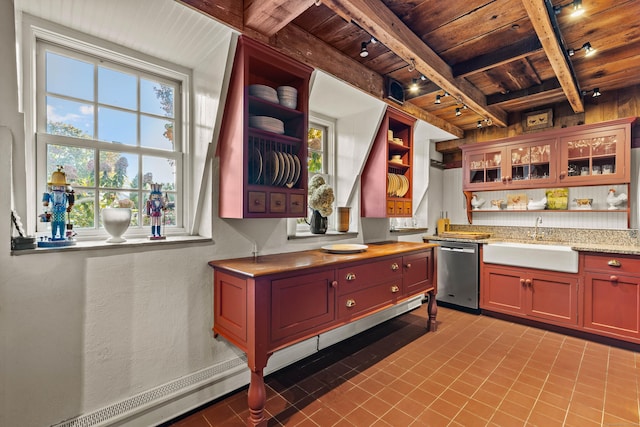 kitchen with rail lighting, sink, stainless steel dishwasher, wooden ceiling, and beam ceiling