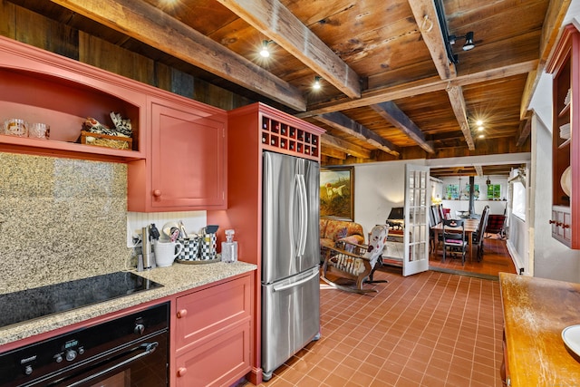 kitchen with wooden ceiling, open shelves, black appliances, tasteful backsplash, and beamed ceiling