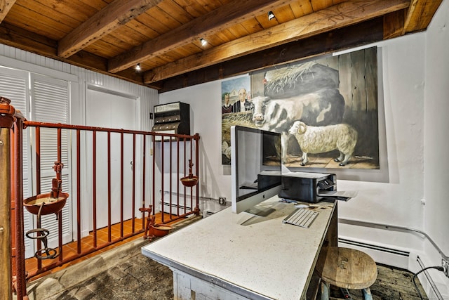 office featuring wooden ceiling, beamed ceiling, and baseboard heating