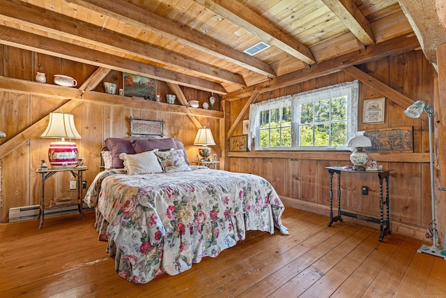 bedroom with beam ceiling, wooden ceiling, wood walls, and wood finished floors