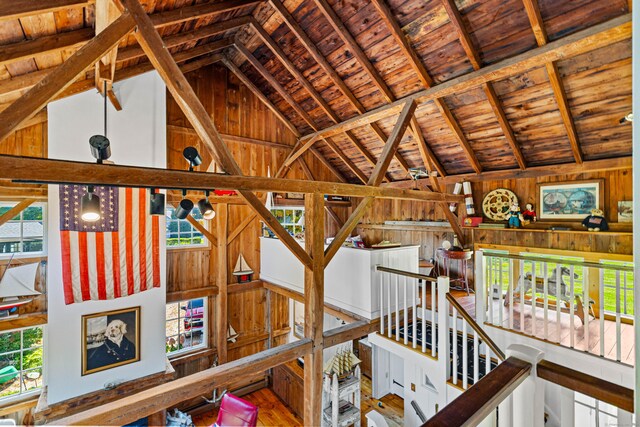 details featuring wood ceiling, beam ceiling, and wood walls