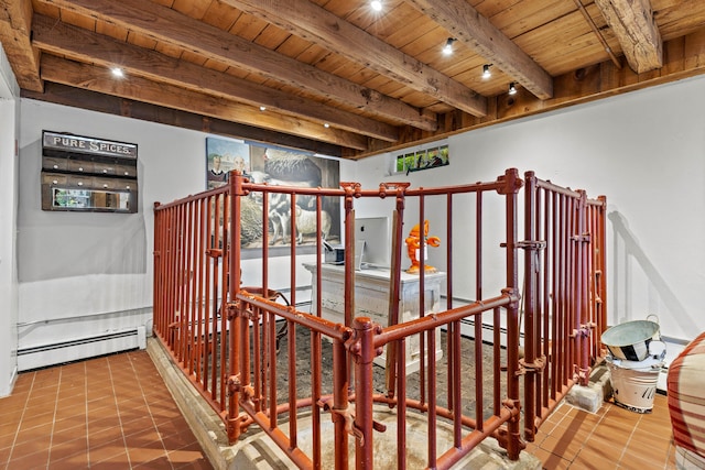 interior space featuring a baseboard heating unit, beamed ceiling, wooden ceiling, and tile patterned flooring