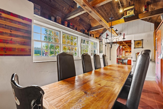 dining area with lofted ceiling with beams, wooden ceiling, and tile patterned flooring