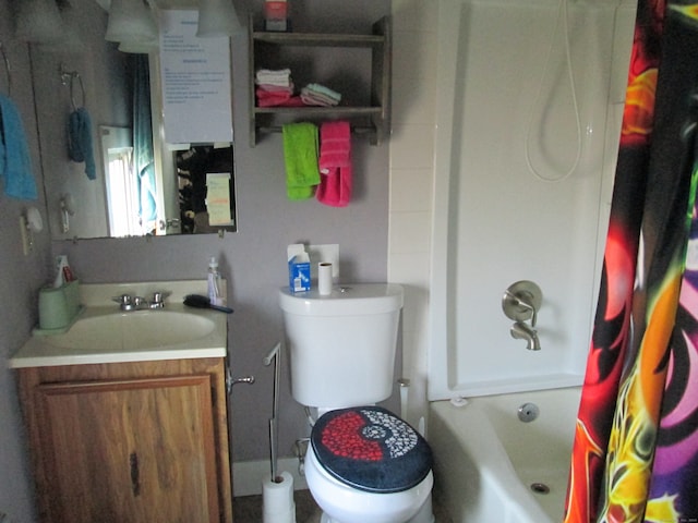 full bathroom with toilet, vanity, and shower / bath combination with curtain