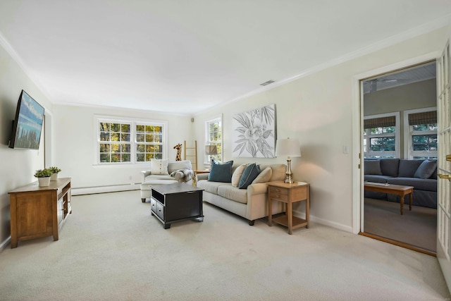 living room with crown molding, light colored carpet, visible vents, baseboard heating, and baseboards