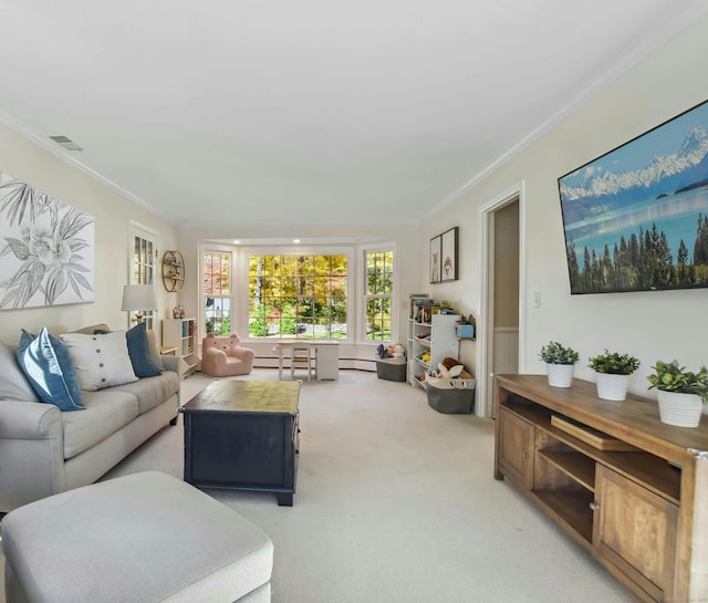 carpeted living room with ornamental molding, a baseboard heating unit, and visible vents