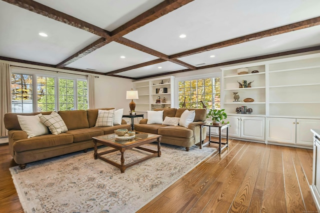 living area with recessed lighting, coffered ceiling, beamed ceiling, and light wood-style flooring