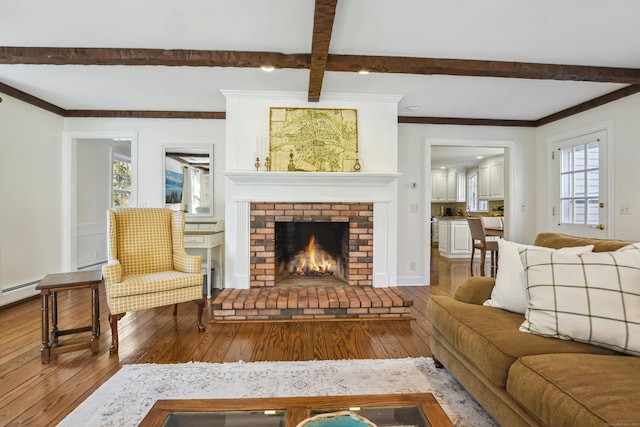 living room featuring a wealth of natural light, wood finished floors, and beam ceiling