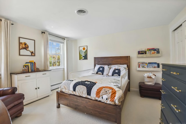 bedroom featuring a baseboard radiator, visible vents, light carpet, and baseboards