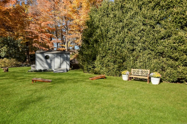 view of yard with an outdoor structure and a shed