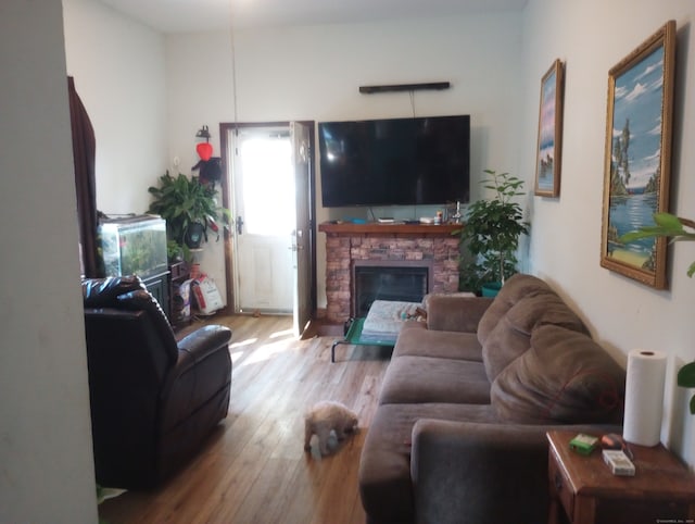 living room with a fireplace and light wood-type flooring