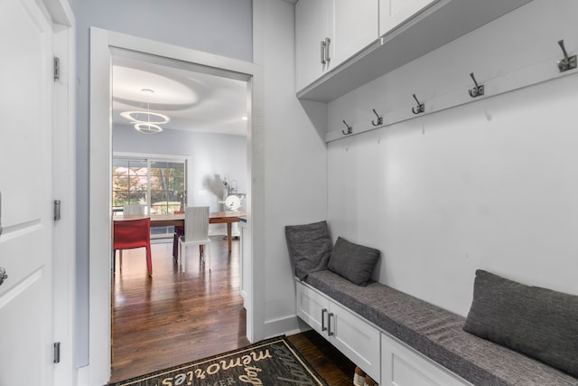 mudroom featuring dark wood-type flooring