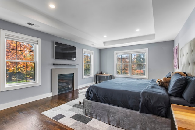 bedroom with dark wood-type flooring and a tray ceiling