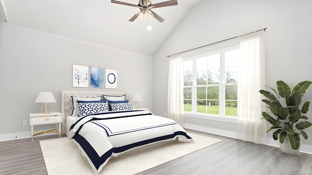 bedroom with wood-type flooring, vaulted ceiling, and ceiling fan