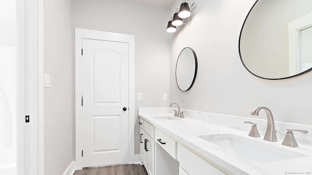 bathroom with hardwood / wood-style flooring and vanity