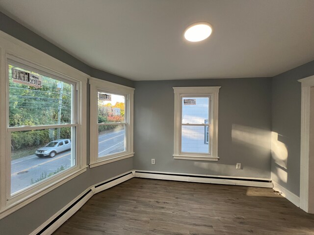 spare room featuring dark wood-type flooring and a baseboard radiator