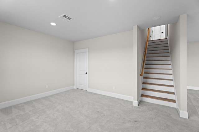 167 Willow Creek Estates Dr, Southbury, CT 06488 - basement featuring carpet, baseboards, stairway, and recessed lighting