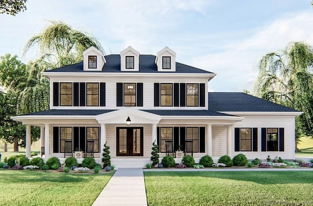 view of front facade featuring covered porch and a front yard