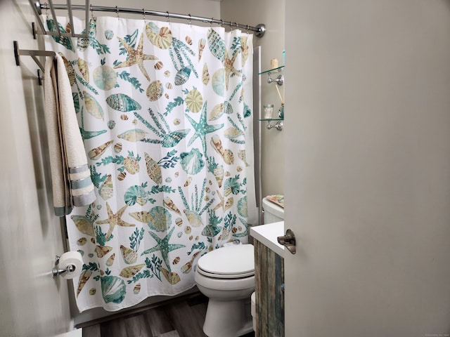 bathroom with toilet, vanity, wood-type flooring, and a shower with shower curtain