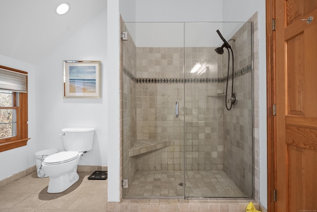 18 Eastern Ln, New Milford, CT 06776 - full bath featuring a shower stall, tile patterned flooring, and lofted ceiling