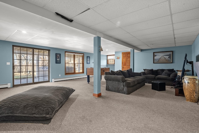 18 Eastern Ln, New Milford, CT 06776 - living room with baseboard heating, carpet, a paneled ceiling, and recessed lighting
