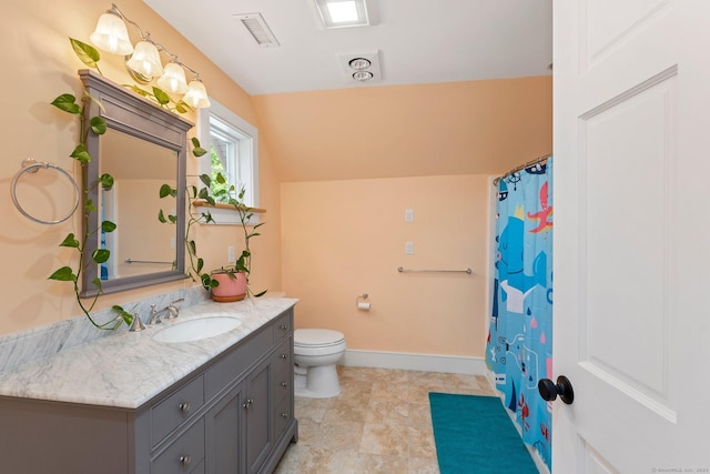 bathroom featuring baseboards, visible vents, vanity, and toilet