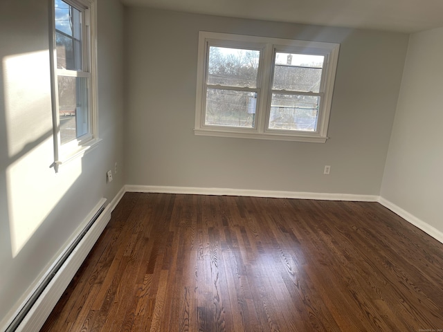 unfurnished room with dark hardwood / wood-style flooring and a baseboard radiator