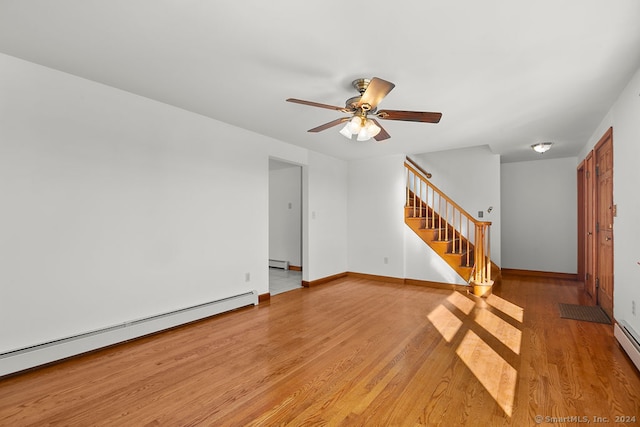 unfurnished room with light hardwood / wood-style floors, baseboard heating, and ceiling fan