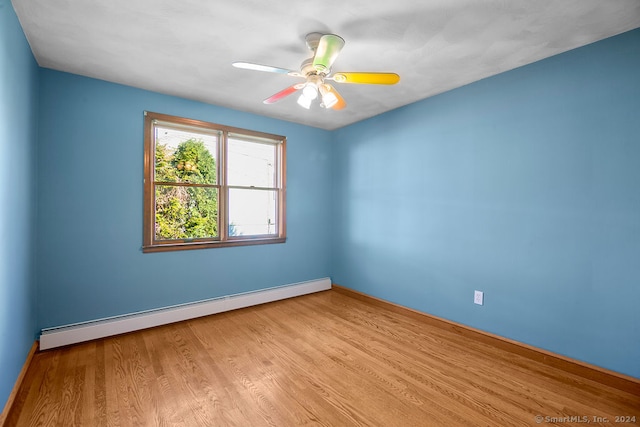 spare room with light hardwood / wood-style floors, baseboard heating, and ceiling fan