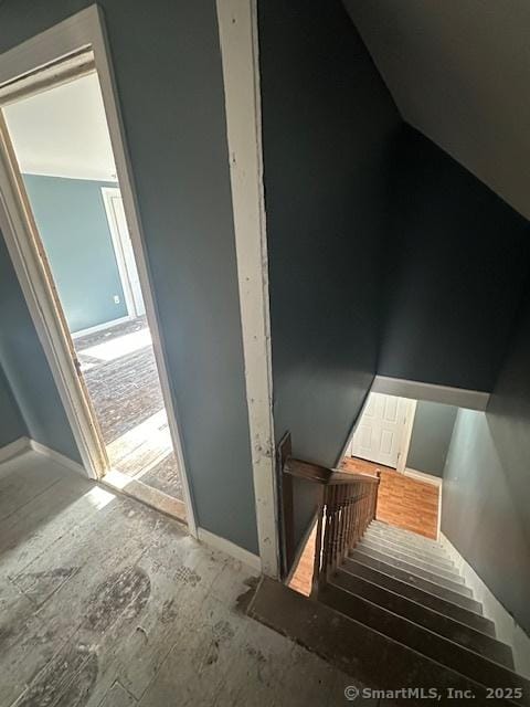 staircase with hardwood / wood-style flooring