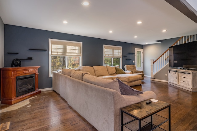 living room featuring dark hardwood / wood-style flooring