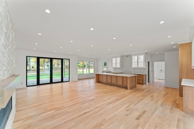 kitchen with a spacious island, light hardwood / wood-style flooring, and a fireplace