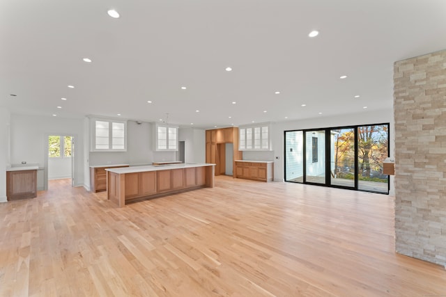 kitchen featuring a spacious island, light hardwood / wood-style flooring, and white cabinetry