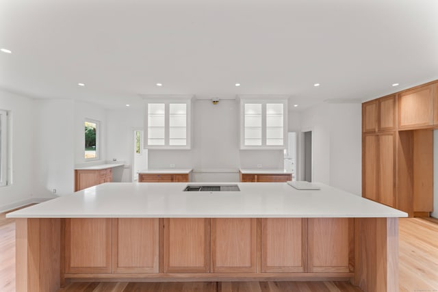 kitchen with a spacious island, light hardwood / wood-style floors, and black electric cooktop