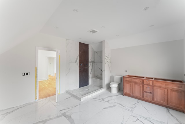 bathroom with toilet, walk in shower, and wood-type flooring