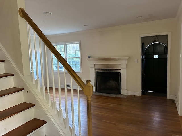 unfurnished living room featuring dark wood-type flooring and crown molding