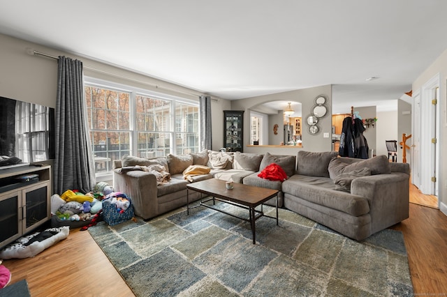 living room with dark hardwood / wood-style flooring