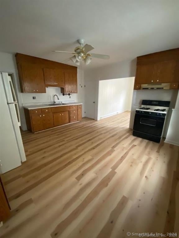 kitchen featuring ceiling fan, light hardwood / wood-style flooring, sink, ventilation hood, and white appliances