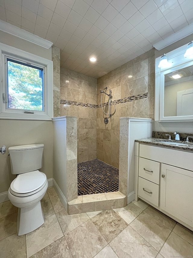 bathroom with vanity, tiled shower, ornamental molding, and toilet