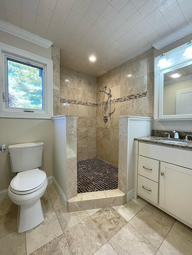 bathroom featuring toilet, a walk in shower, vanity, and baseboards