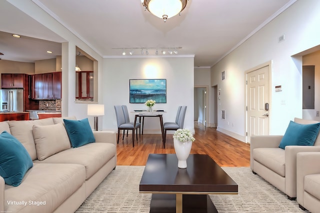 living room featuring light hardwood / wood-style flooring, electric panel, rail lighting, and crown molding