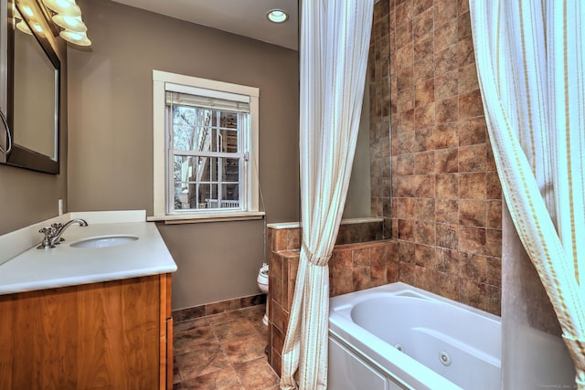 full bathroom featuring vanity, toilet, and shower / bathtub combination with curtain