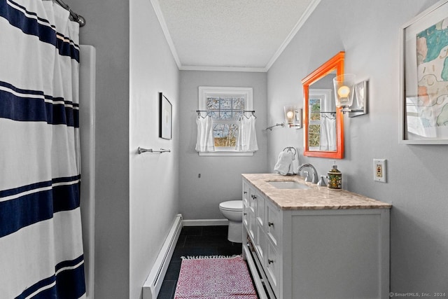 bathroom featuring vanity, a textured ceiling, crown molding, a baseboard heating unit, and tile patterned flooring